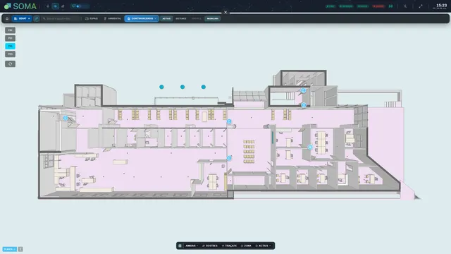Maqueta BIM d'una planta de l'edifici UDIAT amb mobiliari i actius